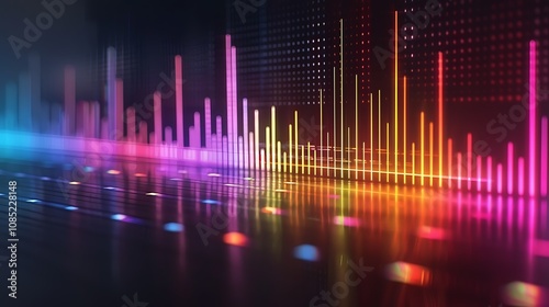 A vibrant audio waveform visualization with colorful bars representing sound frequencies and rhythm.