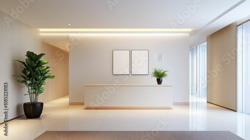 A large white room with a white wall and a white desk