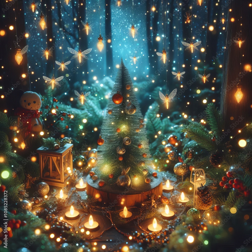 Magical Christmas Fireflies – A forest scene where tiny glowin Magical Christmas Fireflies – A forest scene where tiny glowin