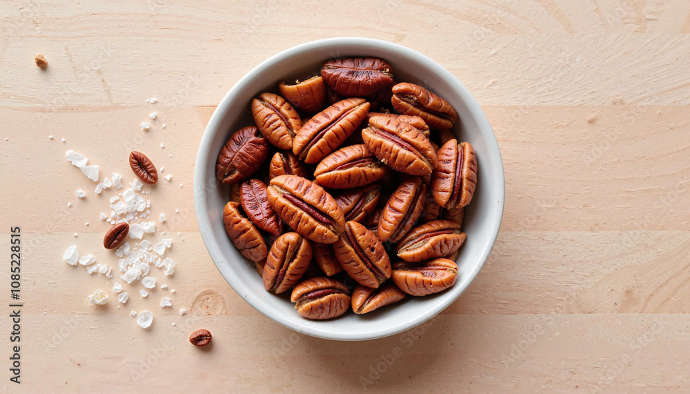 Roasted pecans in white bowl on light wooden table Roasted pecans in white bowl on light wooden table