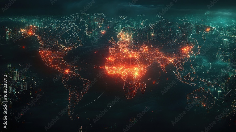 custom made wallpaper toronto digitalDetailed Visualization of a Global Map Highlighting Urban Areas with Illuminated Points Representing Population Centers and Activity Levels during Night Time