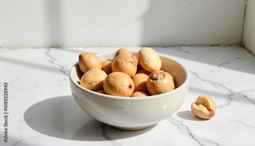 Roasted nuts in white bowl on marble countertop, sunlit setting Roasted nuts in white bowl on marble countertop, sunlit setting