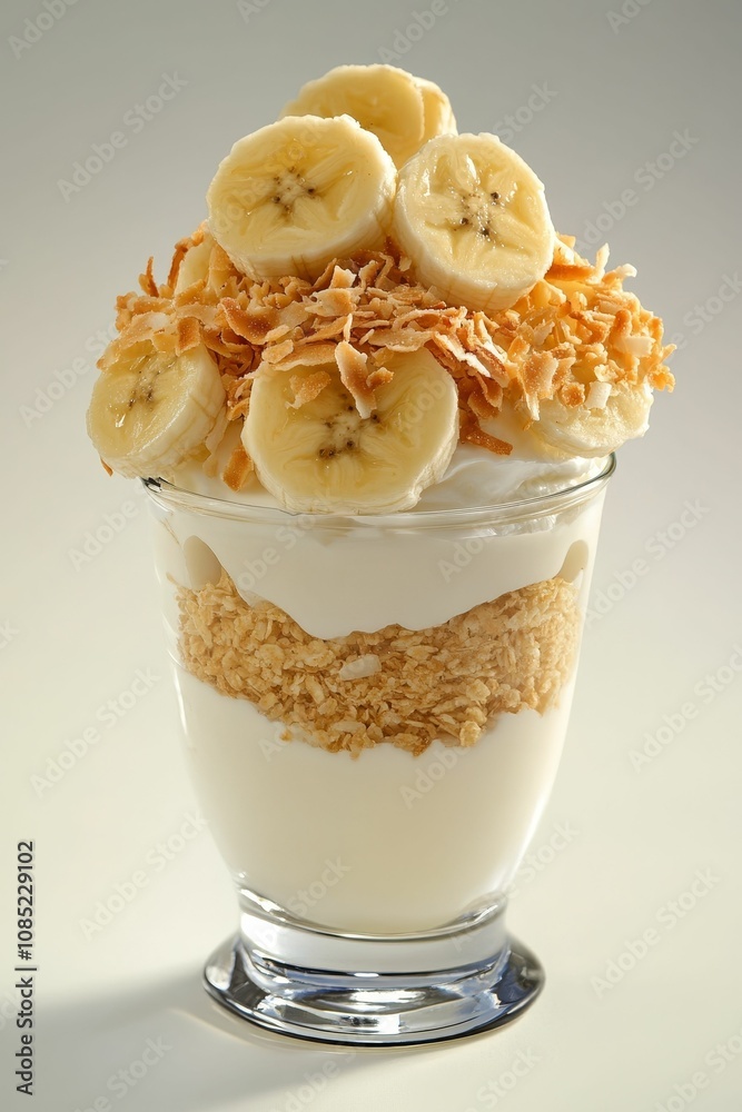 Banana, coconut, and granola parfait. Banana, coconut, and granola parfait.