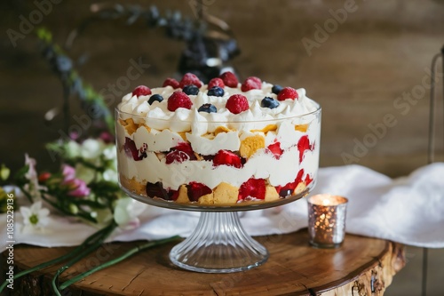 Beautifully Decorated Trifle in a Glass Bowl Topped with Whipped Cream and Fresh Berries on a Cake Stand