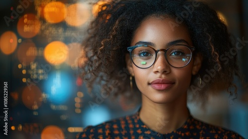 Confident young woman with glasses, bokeh background.