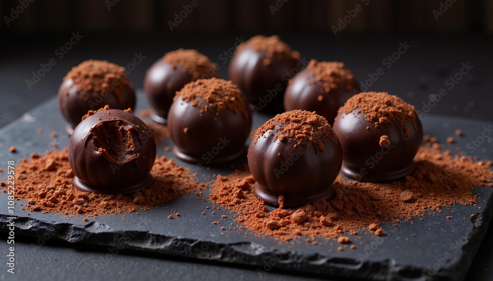 Chocolate truffles dusted with cocoa powder on black slate Chocolate truffles dusted with cocoa powder on black slate