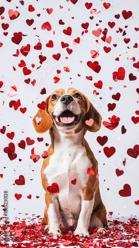 playful beagle surrounded by red and pink hearts, exuding joy and happiness. This charming scene captures essence of love and playfulness, perfect for any pet lover photo