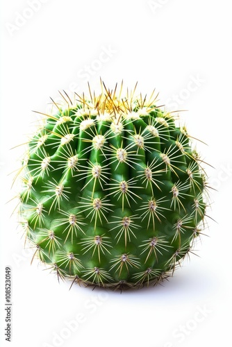 A green cactus with sharp spines on a white background.