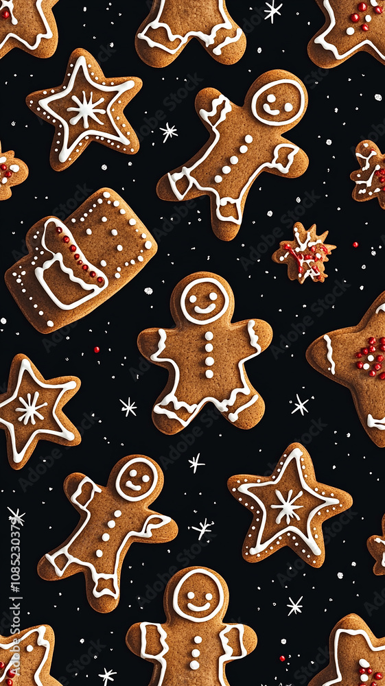 Pattern of gingerbread cookies in different shapes, with white frosting, including stars and people, on a black background. These wallpapers are perfect as a basic texture or background on mobile phon Pattern of gingerbread cookies in different shapes, with white frosting, including stars and people, on a black background. These wallpapers are perfect as a basic texture or background on mobile phon