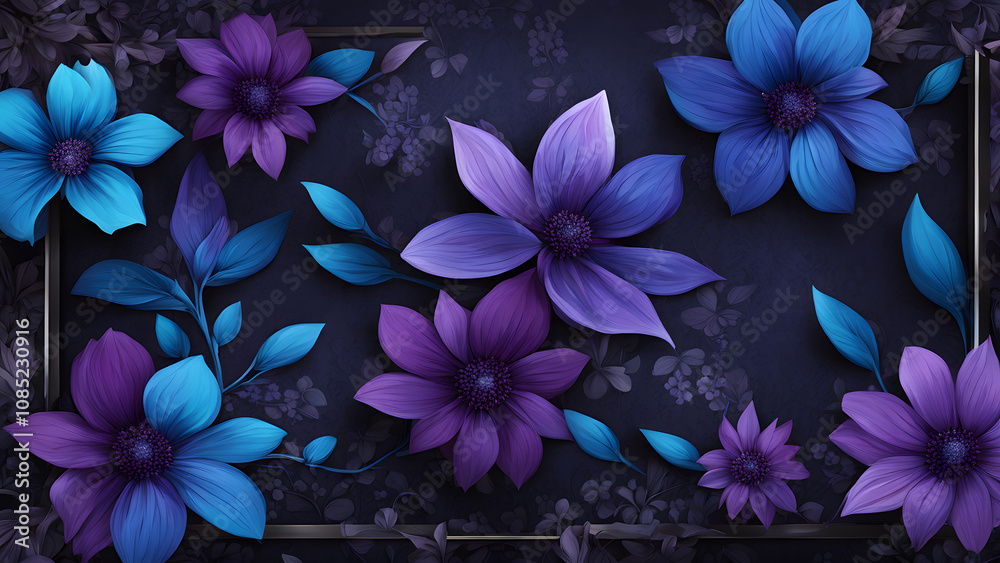 A blue and purple flower arrangement is displayed on a dark background A blue and purple flower arrangement is displayed on a dark background