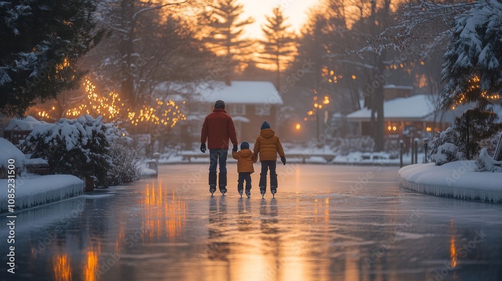 Family ice skating at sunset. Family ice skating at sunset.