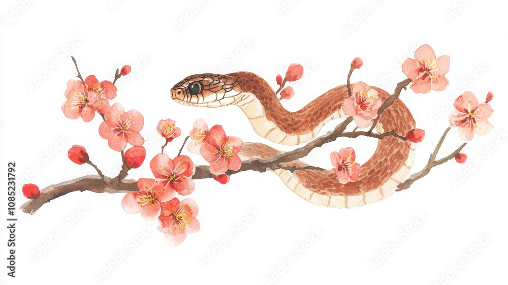 Obraz premium watercolor illustration of snake entwined in branch of cherry blossoms, showcasing vibrant colors and intricate details. serene composition evokes sense of nature beauty and harmony