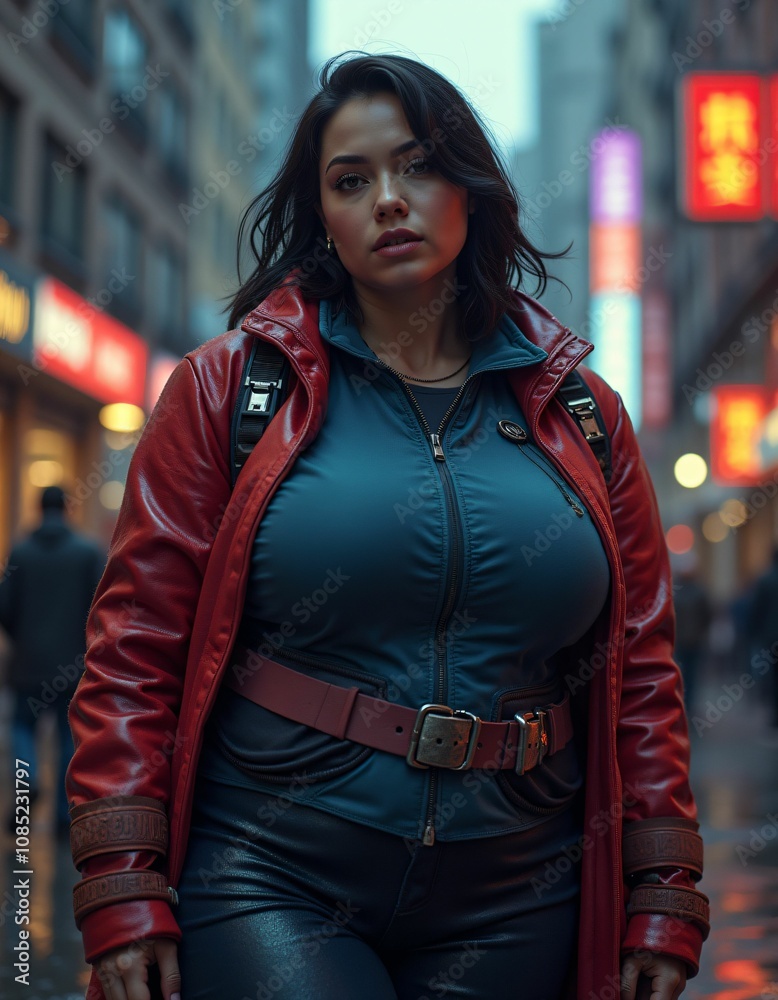 Fototapeta premium sci-fi futuristic slightly overweight with smooth facial features on a dark street female hero realistic, detailed, red, blue, blue, green, purple clothes