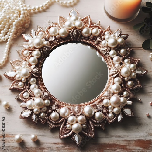 Wallpaper Mural Pearl Encrusted Mirror Frame adorned with faux pearls adding ele Torontodigital.ca