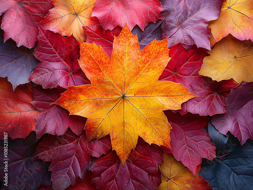 a vibrant red and yellow maple leaf against a dark red background. The leaf's center is a darker shade of red, creating a striking contrast.