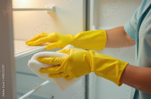 Woman's hands in yellow rubber protective gloves with white cloth cleaning inside open fridge. Housekeeping and cleaning