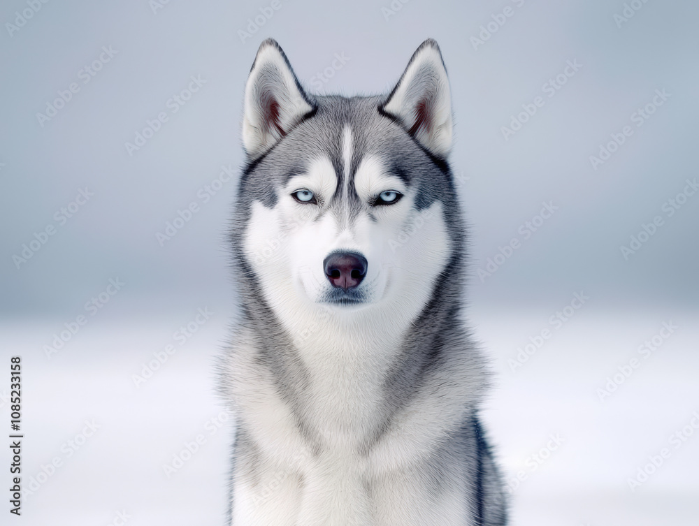 husky with determined expression sits against soft, snowy background, showcasing its striking blue eyes and thick fur. This majestic breed embodies strength and loyalty husky with determined expression sits against soft, snowy background, showcasing its striking blue eyes and thick fur. This majestic breed embodies strength and loyalty
