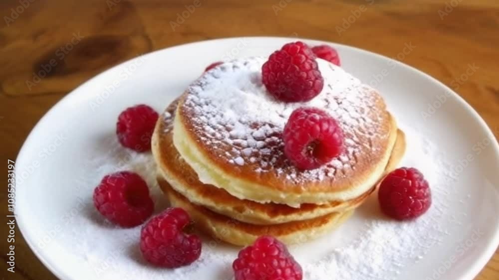 4K Overhead Macro Shot of Powdered Sugar Pancakes with Raspberry Filling and Fresh Raspberries on Rustic Table 4K Overhead Macro Shot of Powdered Sugar Pancakes with Raspberry Filling and Fresh Raspberries on Rustic Table