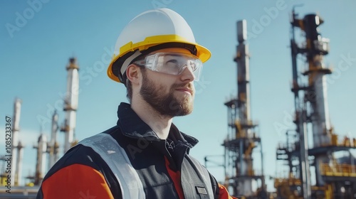 Worker in safety gear at an industrial site.