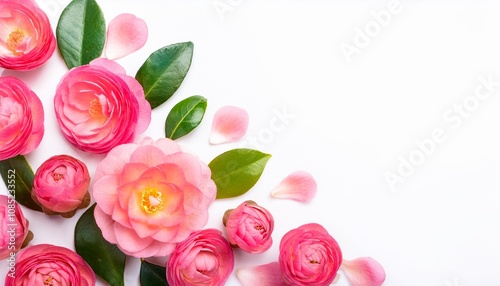 Closeup of Blooming Camellia Flowers and Petals Isolated on White Background. Top View of Flower with Empty Space.