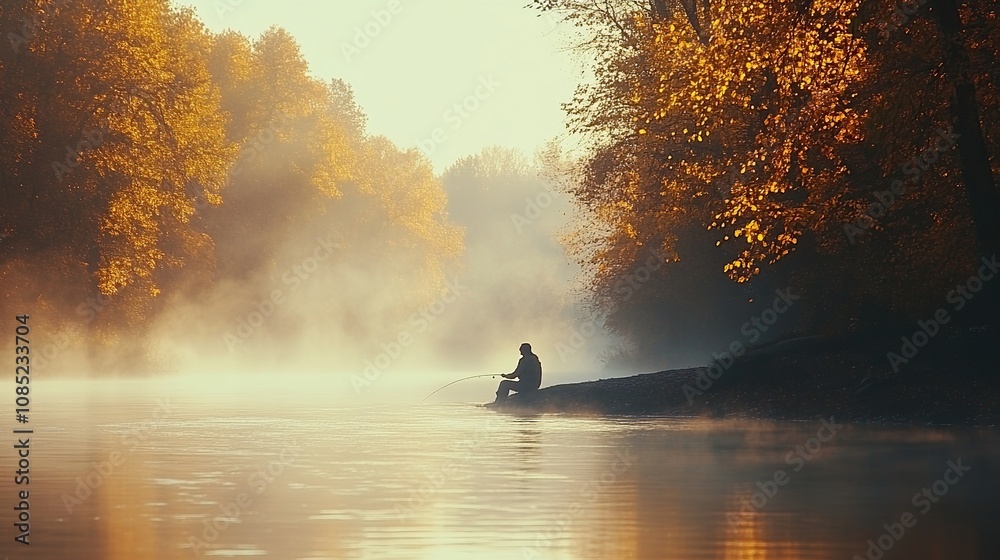 A serene scene of a person fishing by a misty river surrounded by autumn foliage. A serene scene of a person fishing by a misty river surrounded by autumn foliage.