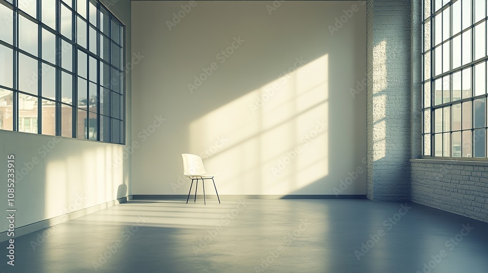 Bright and Minimalist Empty Room with a Single Chair and Natural Light Streaming Through Large Windows Bright and Minimalist Empty Room with a Single Chair and Natural Light Streaming Through Large Windows