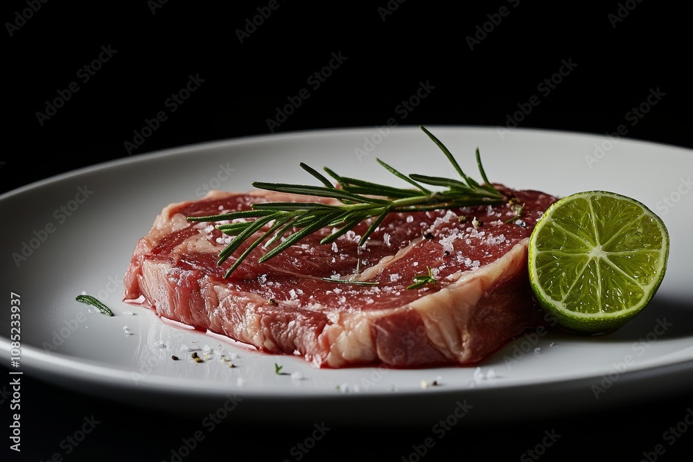 Raw ribeye steak with rosemary and lime on a white plate against a black background Raw ribeye steak with rosemary and lime on a white plate against a black background