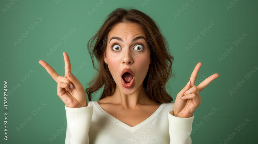 Shocked young woman making a peace sign with wide eyes, set against a vibrant green background, exuding playful charm and curiosity Shocked young woman making a peace sign with wide eyes, set against a vibrant green background, exuding playful charm and curiosity