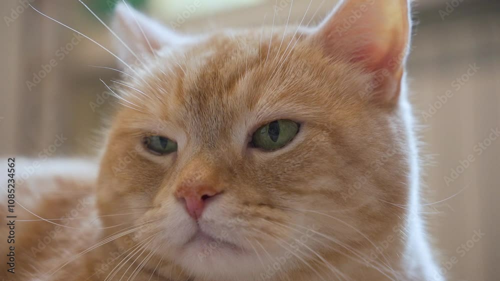 a ginger Scottish metis cat with green eyes lying on a wooden surface. The cat remains mostly still, occasionally blinking and yawning a ginger Scottish metis cat with green eyes lying on a wooden surface. The cat remains mostly still, occasionally blinking and yawning