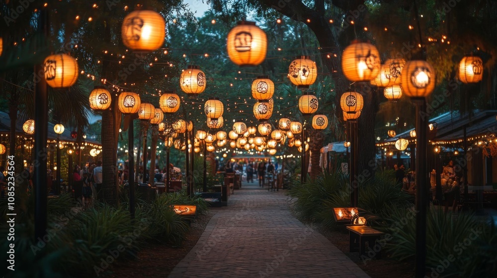 Festive outdoor market with lanterns.