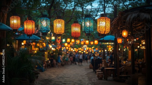 Colorful lanterns illuminate evening market.