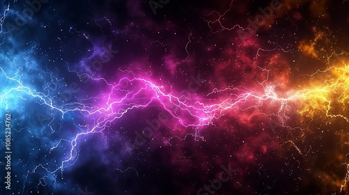 A vibrant cosmic background featuring electric lightning in shades of blue, pink, and orange amidst a starry sky.