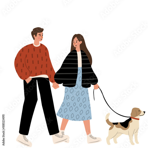 Cute vector illustration of diverse character in everyday urban scenes. People walking dogs, using wheelchair, pushing stroller. Couples, families, individuals of various ages and ethnicities.