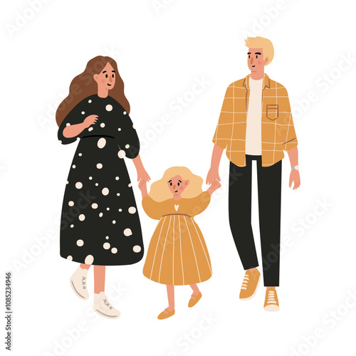 Cute vector illustration of diverse character in everyday urban scenes. People walking dogs, using wheelchair, pushing stroller. Couples, families, individuals of various ages and ethnicities.