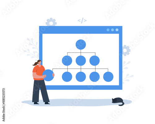 Sitemap creation. Website optimization concept. Web development and web page structure. Build XML map with lists the URLs. UX designer workflow. Female developer. Vector illustration in cartoon style.
