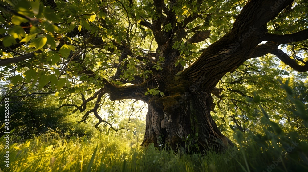 Fototapeta premium A lush green canopy viewed from below, with sun rays peeking through the branches