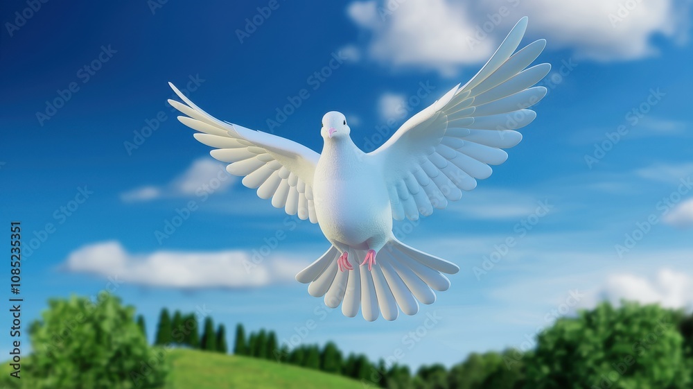 Fototapeta premium White Dove in Flight with Outstretched Wings Over a Scenic Green Landscape