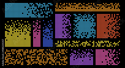 Set of abstract pixelated color rectangle and square. Multicolor geometric shape with broken pixel. Design elements. Dispersed dotted pattern.