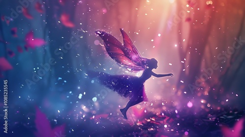 A whimsical fairy dances in a magical forest, surrounded by shimmering lights and colorful leaves.