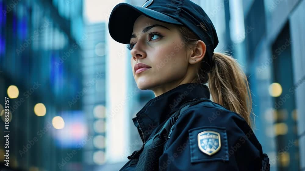 A female private security officer in a business district, patrolling the area with a focused and vigilant attitude