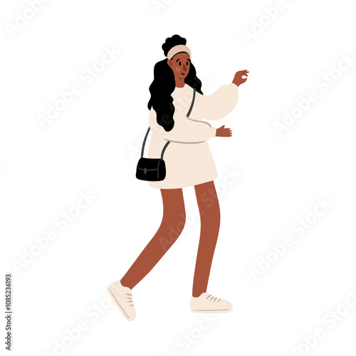 Cute vector illustration of black woman, diverse character in everyday urban scenes. People walking dogs, using wheelchair, pushing stroller. individuals of various ages and ethnicities.