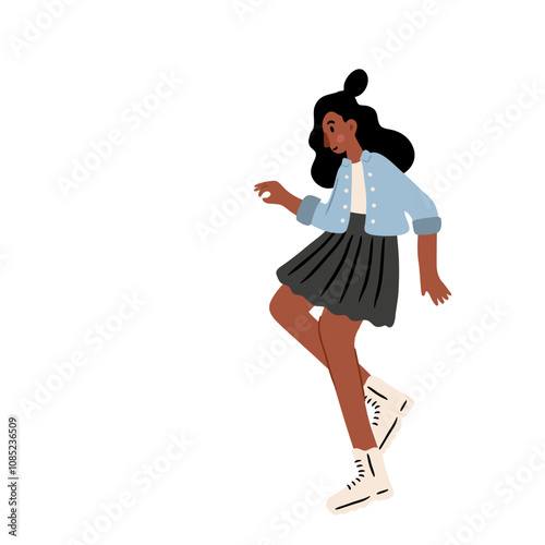 Cute vector illustration of black woman, diverse character in everyday urban scenes. People walking dogs, using wheelchair, pushing stroller. individuals of various ages and ethnicities.