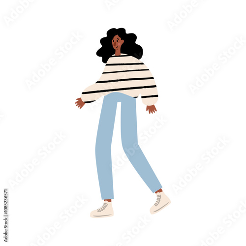 Cute vector illustration of black woman, diverse character in everyday urban scenes. People walking dogs, using wheelchair, pushing stroller. individuals of various ages and ethnicities.