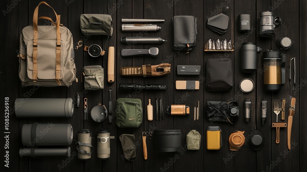 Flat lay composition with different camping equipment on dark wooden background. Traveler set Flat lay composition with different camping equipment on dark wooden background. Traveler set