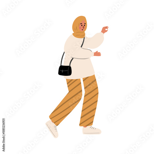Cute vector illustration of muslim woman, diverse character in everyday urban scenes. People walking dogs, using wheelchair, pushing stroller. individuals of various ages and ethnicities.
