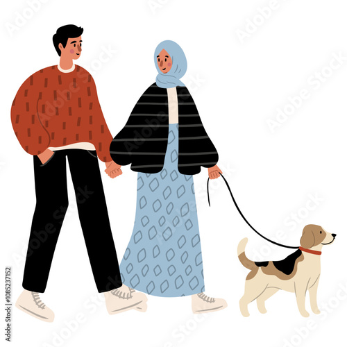 Cute vector illustration of diverse character in everyday urban scenes. People walking dogs, using wheelchair, pushing stroller. Muslim couples, families, individuals of various ages and ethnicities.