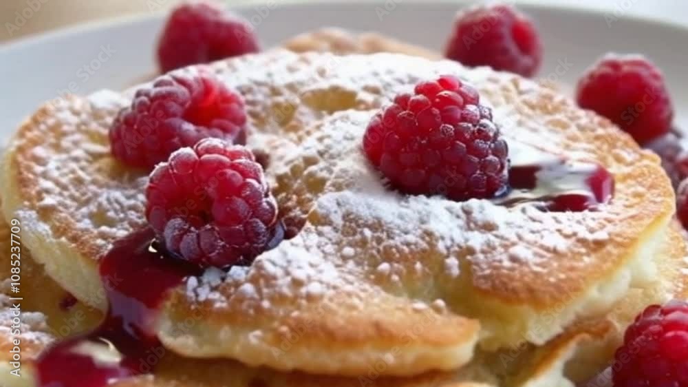 4K Close-Up Cinematic Shot of Fluffy Powdered Sugar Pancakes with Raspberry Filling and Fresh Raspberries 4K Close-Up Cinematic Shot of Fluffy Powdered Sugar Pancakes with Raspberry Filling and Fresh Raspberries