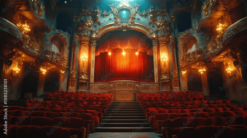 Obraz premium Grand, ornate theater interior with red seats and a stage.