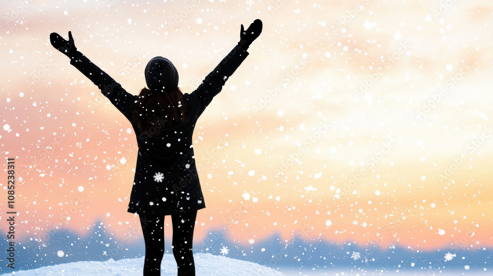 silhouette of woman with raised arms in snow, celebrating winter beauty. Snowflakes fall gently against colorful sunset silhouette of woman with raised arms in snow, celebrating winter beauty. Snowflakes fall gently against colorful sunset