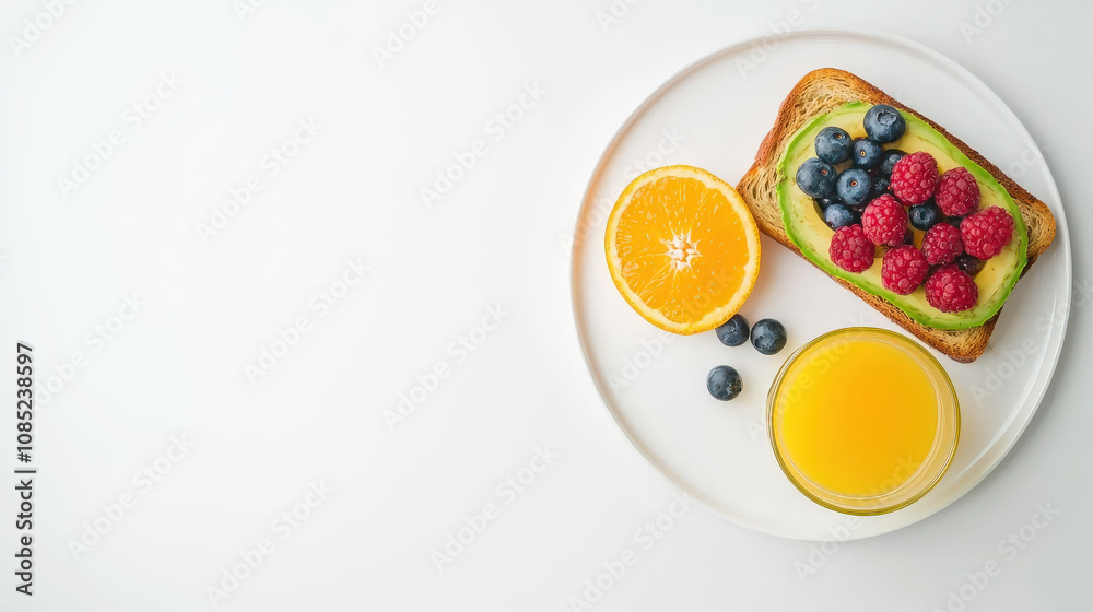 Fresh avocado toast topped with berries and served with orange slices and juice. vibrant and healthy breakfast option that looks delicious and inviting Fresh avocado toast topped with berries and served with orange slices and juice. vibrant and healthy breakfast option that looks delicious and inviting